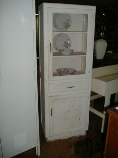 White Painted Kitchen Country Cabinet Vintage Cupboard Antique Glass 