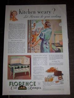 1938 Green and Tan Florence Oil Range Kitchen Stove Ad