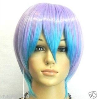   Style Purple + Sky Blue Mix Short Straight Cosplay Wig With Hairnet
