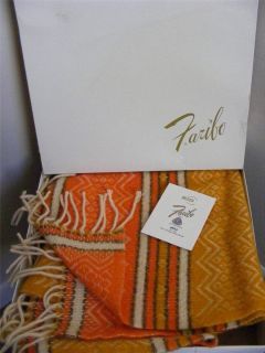   FARIBO Loom Woven Orange 100% Wool Fringed Throw Lap Blanket New