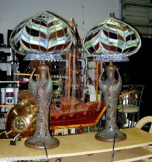   LARGE STAINED ART GLASS GLOBE SHADE BRONZE PEACOCK 3 LIGHT TABLE LAMPS