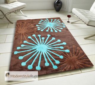   Chocolate Brown and Teal Blue Splash Design Rug   4 Sizes With Runner