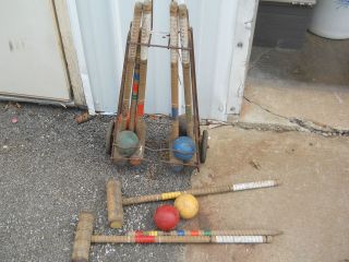   vintage croquet set outdoor lawn game 6 player wood needs cleaning