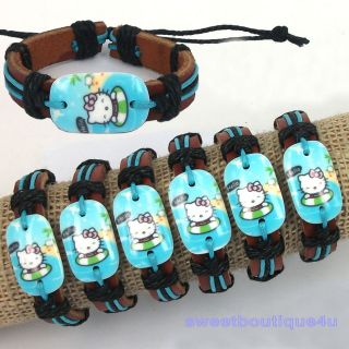   6PCS Cute swimming Hellokitty Hemp Genuine Leather bracelet Gift