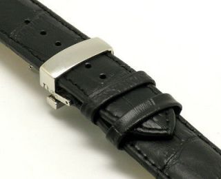 22mm Black/Black Leather Watch Band Butterfly Clasp Fits Michele 