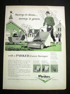   Illustrated Man Cleaning Yard with Parker Lawn Sweeper 50s Print Ad