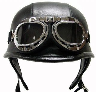   Style DOT Black Leather German Motorcycle HALF Helmet w/Pilot Goggles