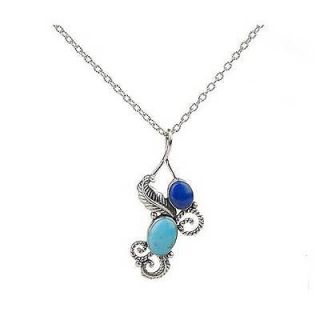   Sterling Silver Lapis & Turquoise Leaf Motif Pendant 17 Chain