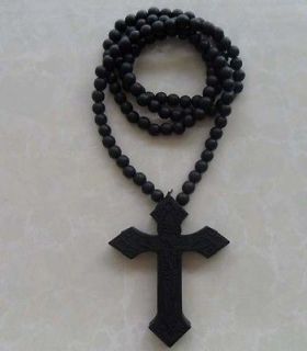   Fashion Good Wood Black Letter Pendant Ball Bead Chain Rosary Necklace