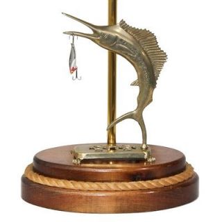Vintage Mid Century Nautical Lamp Brass Sailfish Marlin Fish Wood 