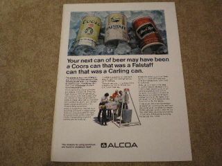 1974 Alcoa Aluminum Cans Ad Coors Falstaff & Carling Black Label Beer