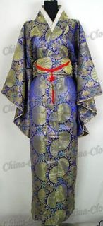 Geisha Satin Kimono Robe Yukata Navy Blue One Size L46M