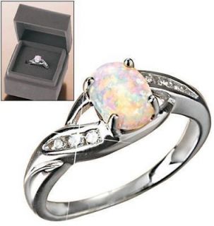   AVON STERLING SILVER CREATED OPAL RING SIZE 8 GIFT BOX CZ ACCENTS NIB