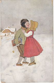   Postcard Children Kissing in Snow Love Romance Winter Early 1900s Card