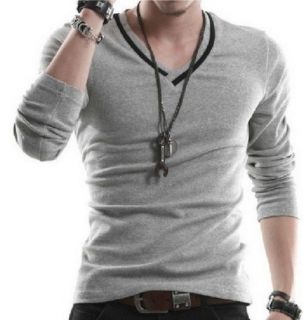 Korea new solid color mens fashion v neck Slim long sleeve t shirt 
