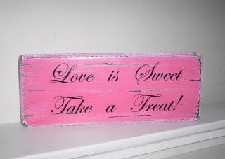 Wedding LOVE IS SWEET pink table sign, free standing, distressed 