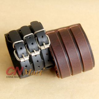 New 2 Layer Belt Men Genuine Cow Leather Bracelet 3 Buckle Wristband 