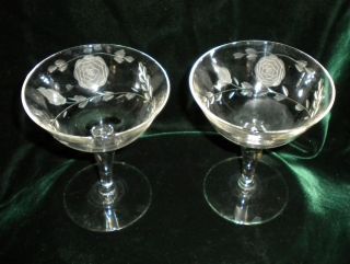 Etched Crystal Wine Glasses Goblets ROSES design w/ Leaves 