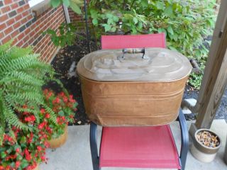 Antique Copper Boiler Wash Tub with Lid and Wood Handles