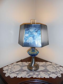 VTG Blue Pressed Glass /Hurricane Electric Lamp Floral Design 6 Side 