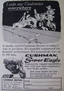   Vintage Cushman * SUPER EAGLE * Motor Scooter 3 x 4 RARE Comic Ad Ad