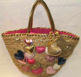 FORNARINA Sophie Camel/Gold Straw Hearts & Rhinestones Tote Handbag 