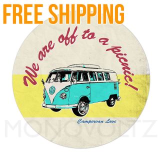   Camper Van Vintage Style Round Mouse Pad   We are off to a picnic