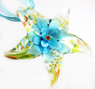 Pretty Blue Flower Lampwork Murano Glass Lucky Starfish Pendant Ribbon 