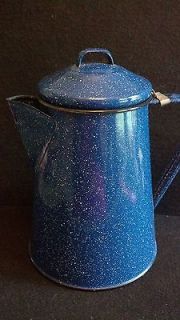 antique vintage graniteware enamelware blue coffee tea pot one day