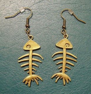 Brass FISH BONES Pierced Earrings Fly Fishing Outdoor Jewelry Lure 