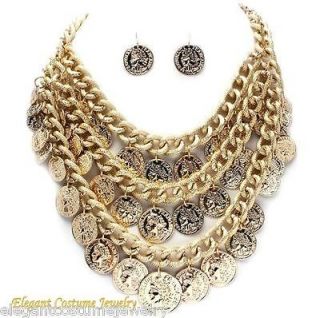   Francaise 1808 Gold Coin Charm Chunky Statement Necklace Set