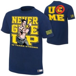 John Cena 10 YEARS STRONG Never Give Up Blue WWE Authentic T Shirt 