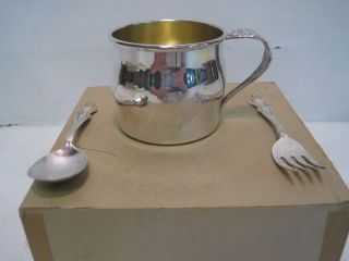   1881 Rogers by Oneida Silverplated Baby Set Cup Spoon Fork in Box SL1