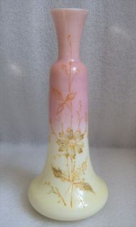 ANTIQUE VICTORIAN POSY VASE PAINTED MILK GLASS WITH FLORAL ENAMEL 