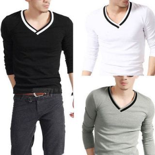 Korea Mens Fashion T Shirts Solid Color V Neck Slim Long Sleeve T 