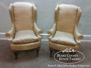 Exceptional Pair of Walnut Queen Anne Wingback Chairs w/ Drake Feet