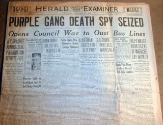 1929 Chicago headlne newspapers ST VALENTINES DAY MASSACRE Purple 