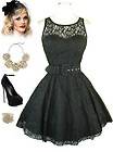 50s Style BLACK LACE Belted PINUP Ballerina Party Dress with Illusion 