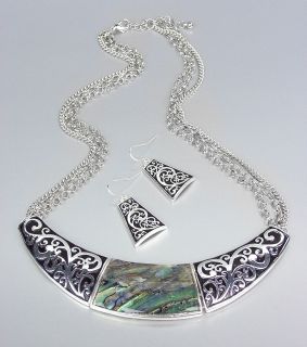   Mother of Pearl Shell Inlay Silver Black Filigree Drape Necklace Set