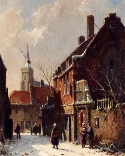   painting winter landscape Figures In A Street old town with church 36