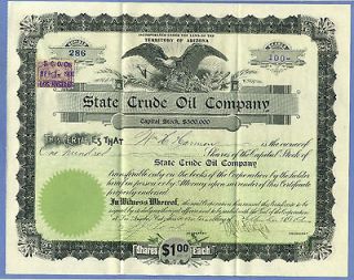 1900 STATE CRUDE OIL COMPANY STOCK CERTIFICATE #286 100 SHARES VERY 