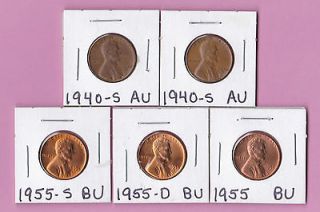 Lincoln Wheat Cents (Lot of 5 coins) 1955 P 1955 D 1955 S and 2 x 1940 