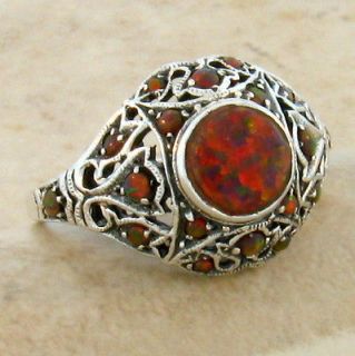 ORANGE FIRE OPAL .925 STERLING SILVER ANTIQUE STYLE FILIGREE RING SIZE 
