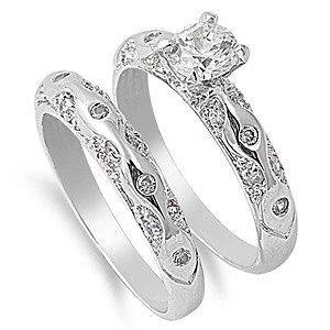   Plated Wedding & Engagement Ring Set Clear Round CZ Stone Romantic New