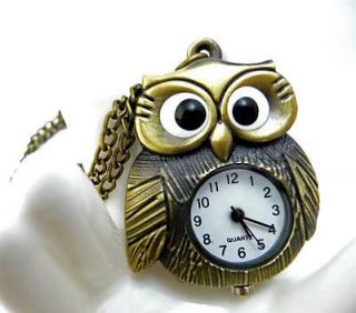 K239 Antique BIG EYE Owl Bronze Pocket Watch Necklace