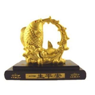   Golden Chinese Carp (Lucky Fish) on a Base Statue for Feng Shui o