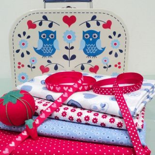 FABRIC BUNDLE IN AN OWL AND HEART SUITCASE BOX chirstmas gift sewing 
