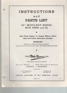 VINTAGE Ephemera ~ MOTO MOWER PARTS LIST LAWNMASTER 20 1950S m46