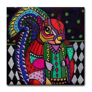 Squirrel Ceramic Art Tile Coaster   Animal Folk Art Colorful Modern 