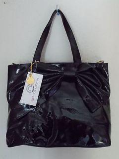   Black Faux Patent Leather Goldie Bow Embellished Tote Handbag $90